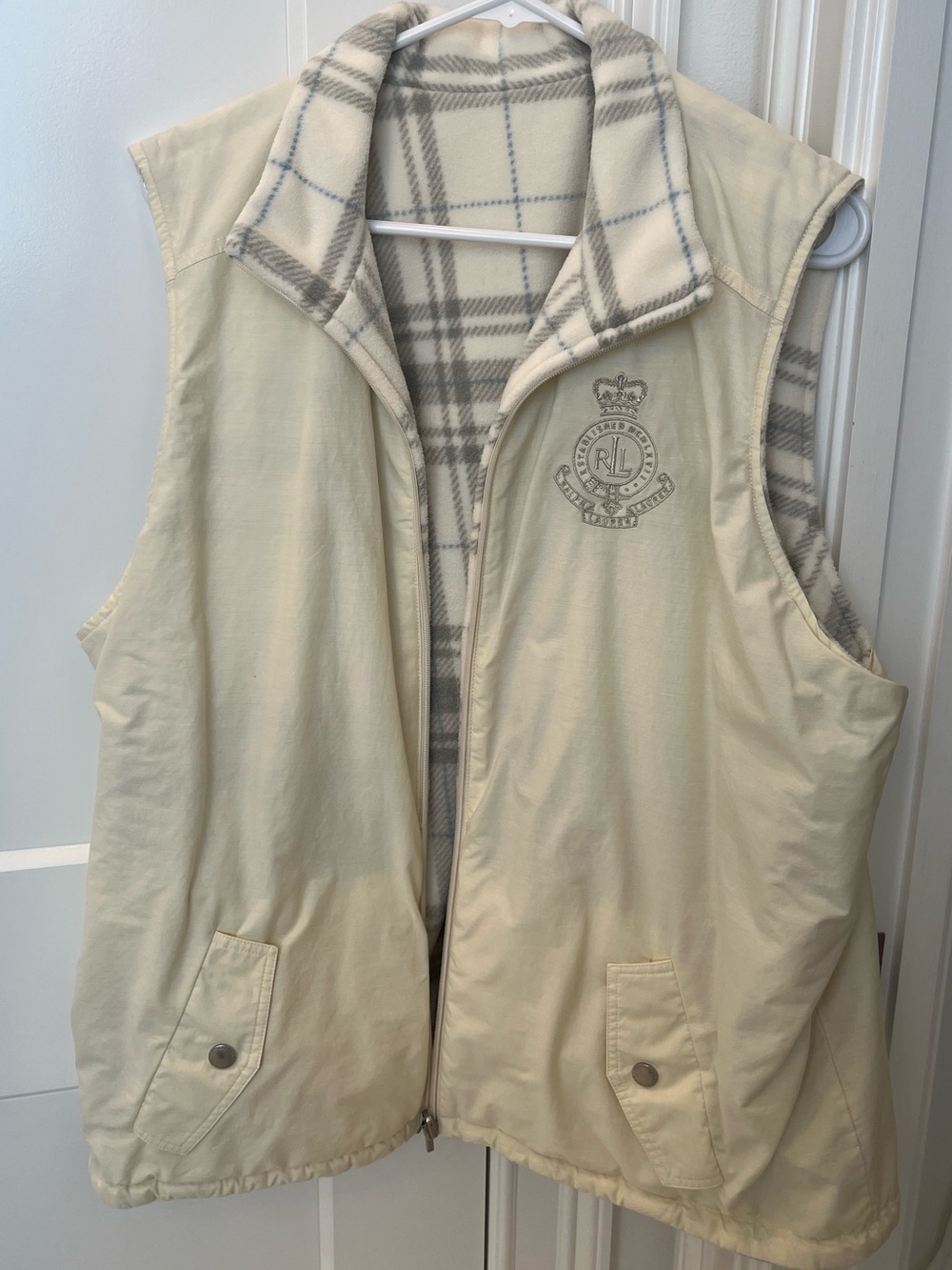Ralph Lauren Cream Quilted Vest with Plaid Fleece Lining